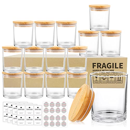 15 Pack Glass Candle Jars -7oz Clear Empty Candle Jars with Bamboo Lids and Labels, Bulk Candle Containers Jars for Making Candles - Dishwasher