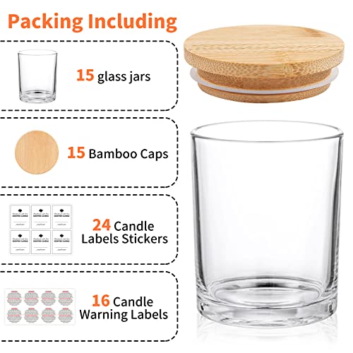 15 Pack Glass Candle Jars -7oz Clear Empty Candle Jars with Bamboo Lids and Labels, Bulk Candle Containers Jars for Making Candles - Dishwasher